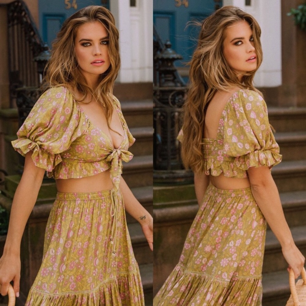 SPELL Dahlia Peasant Crop Top Floral Metallic